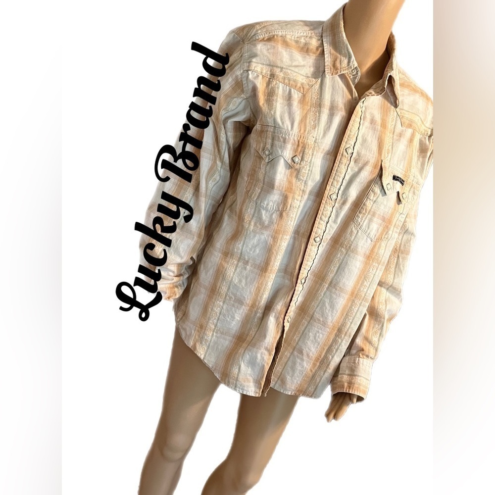 Lucky brand western shirt cream & peach Pearl snaps long sleeves Sz M